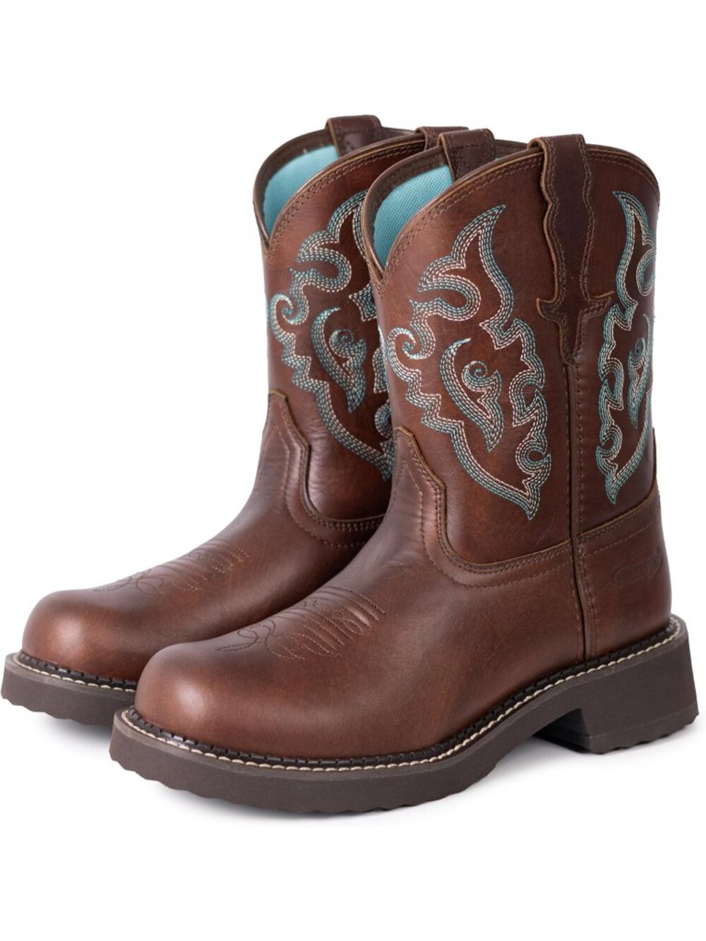 Women's Brown/Blue Cowgirl Boots Round Toe Western Ankle Booties Pull On